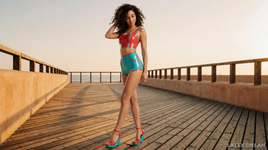 Camila in coral & turquoise by the sea latex, AI-generated fashion visual 6