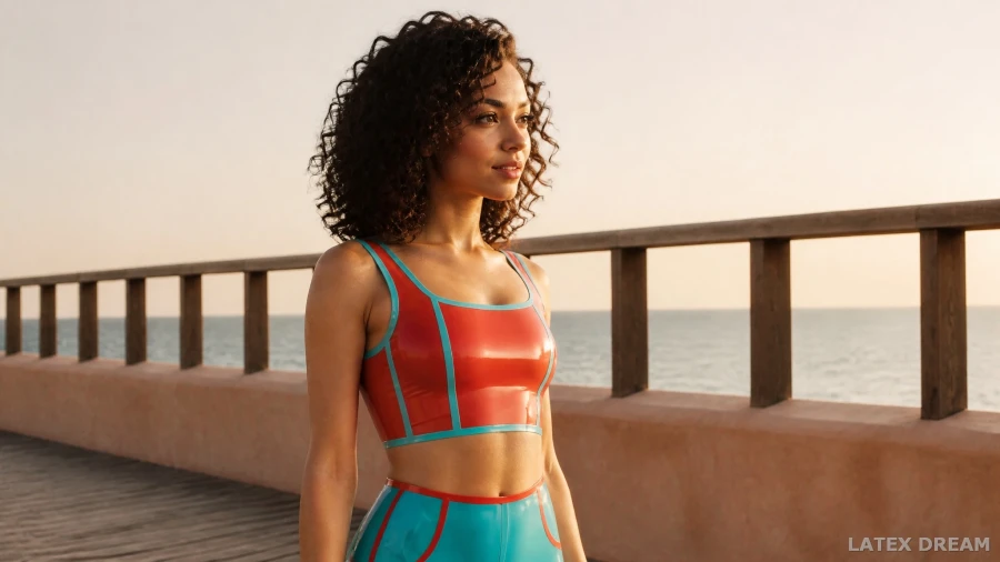 Camila in coral & turquoise by the sea latex, AI-generated fashion visual 10