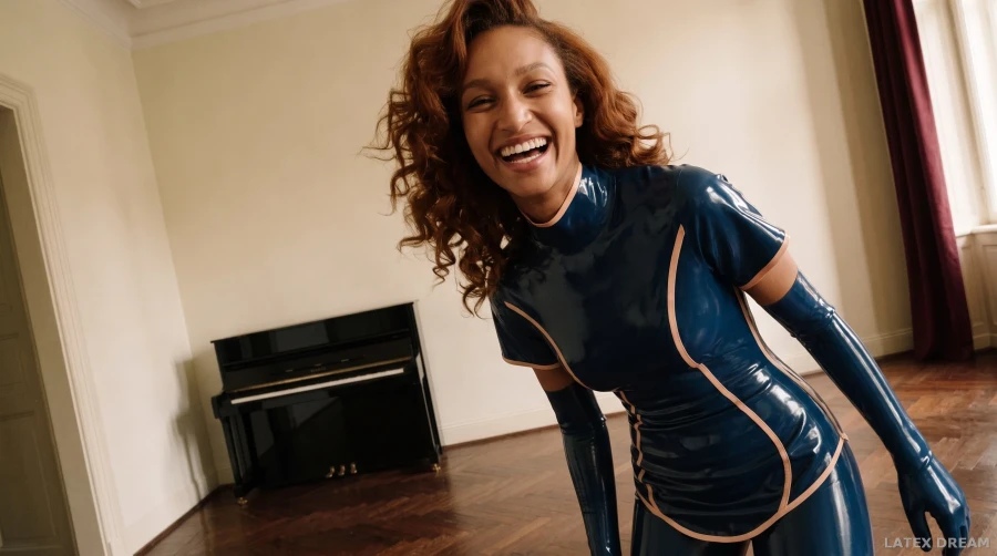Nerissa in midnight blue by the piano latex, AI-generated fashion visual 3