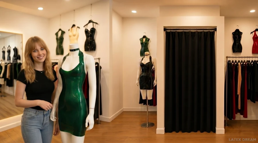 Leni in the green dress latex, AI-generated fashion visual 3