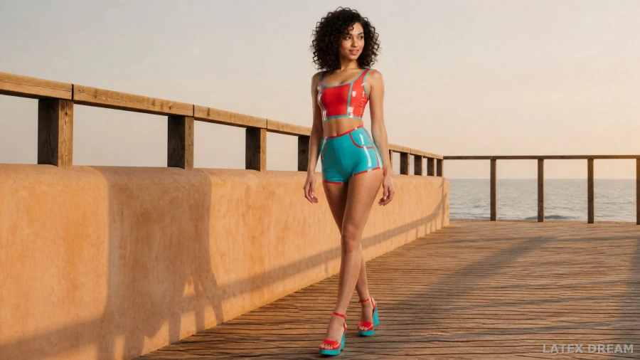 Camila in coral & turquoise by the sea latex, AI-generated fashion visual 5