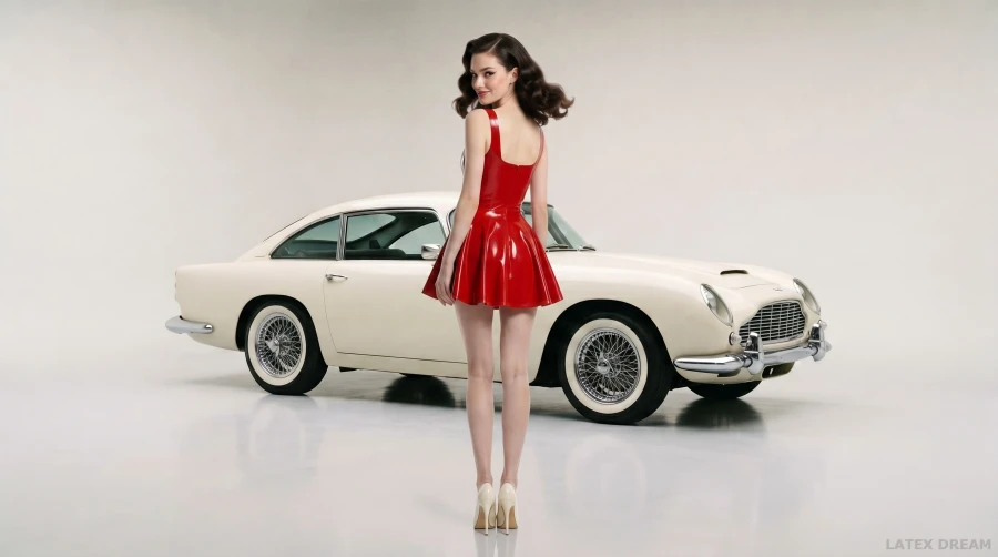 Odette in cherry red latex dress classic car editorial, AI-generated fashion visual 3