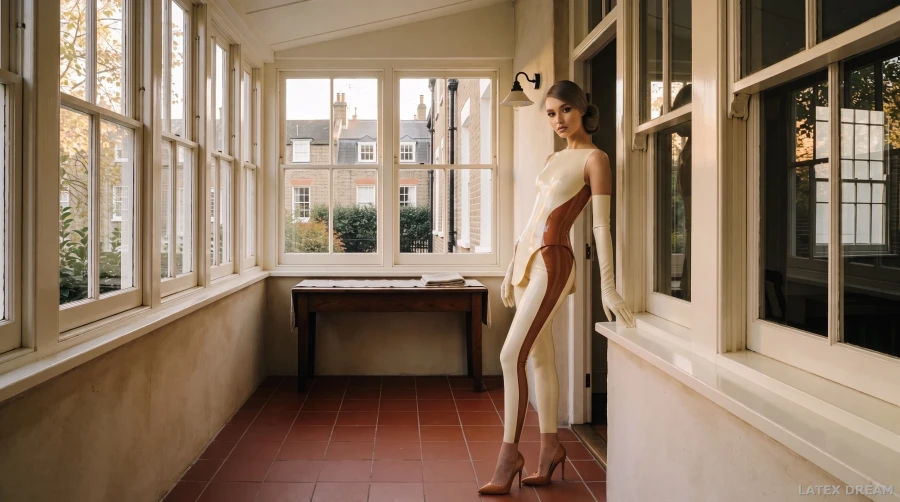 Mireya in cream & copper by the windows latex, AI-generated fashion visual 2