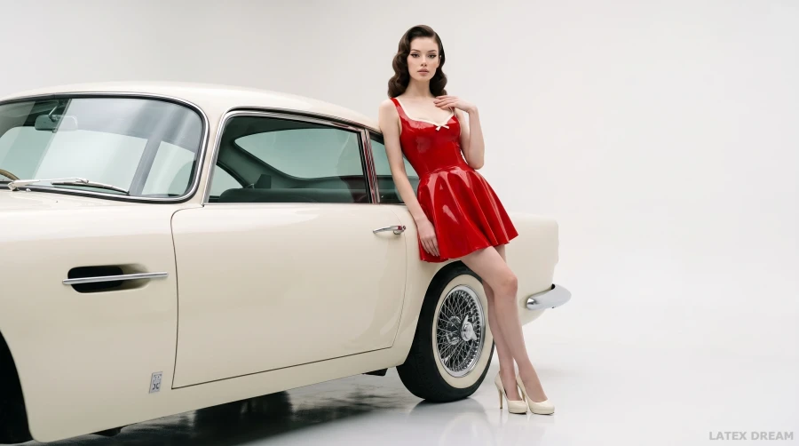 Odette in cherry red latex dress classic car editorial, AI-generated fashion visual 4
