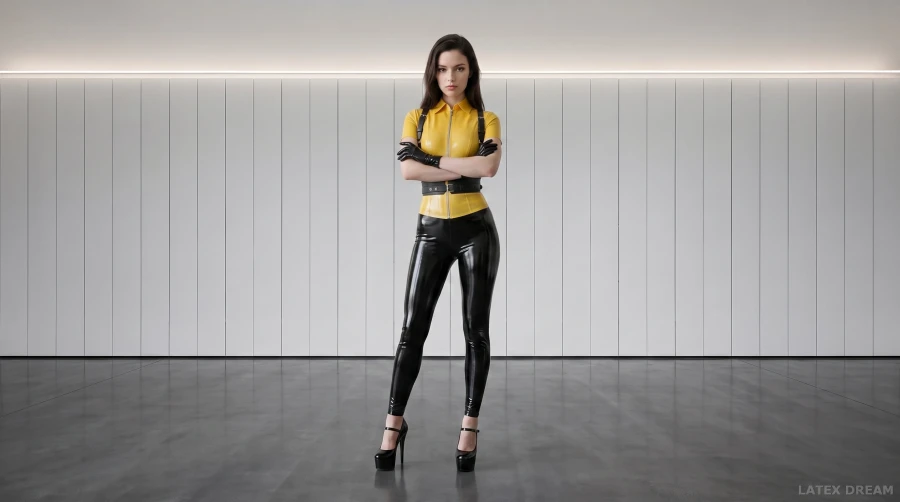 Mariel in signal yellow latex, AI-generated fashion visual 2
