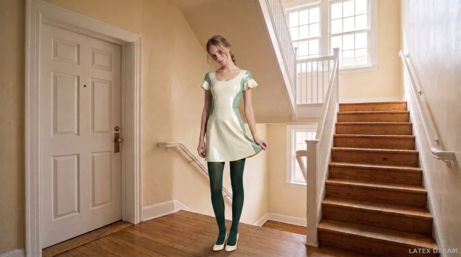 Elodie in soft green latex at home, AI-generated fashion visual 2