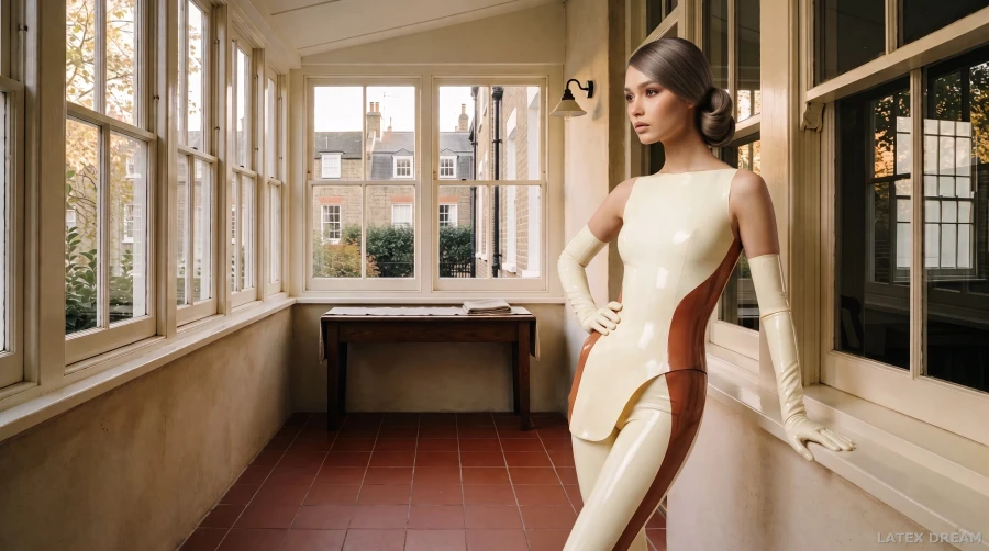 Mireya in cream & copper by the windows latex, AI-generated fashion visual 4