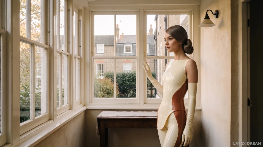 Mireya in cream & copper by the windows latex, AI-generated fashion visual 3